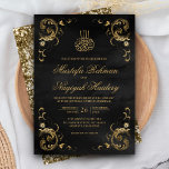 Convite Casamento Islâmico Negro Dourado antigo<br><div class="desc">Amaze seus hóspedes com este convite de casamento ao estilo islâmico com uma delicada imagem de vintage e o 'Bismillah' na caligrafia árabe. Basta adicionar os detalhes do seu evento neste modelo fácil de usar para torná-lo um convite de tipo único.</div>