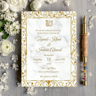 Convite Casamento Islâmico Nikah com Renda Dourada e Mármo