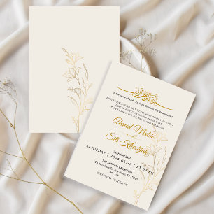 Convite Casamento Islâmico Nikah Floral em Ouro Elegante