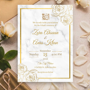 Convite Casamento Islâmico Nikah Mármore Branco Rosa Doura