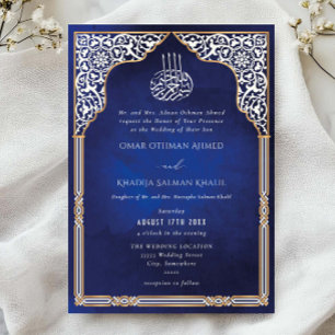 Convite Casamento Islâmico Ouro & Azul Arco Ornado Arabesc