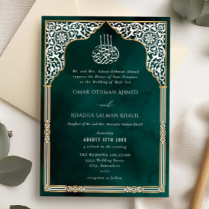 Convite Casamento Islâmico Ouro e Verde Arco Ornado Arabes