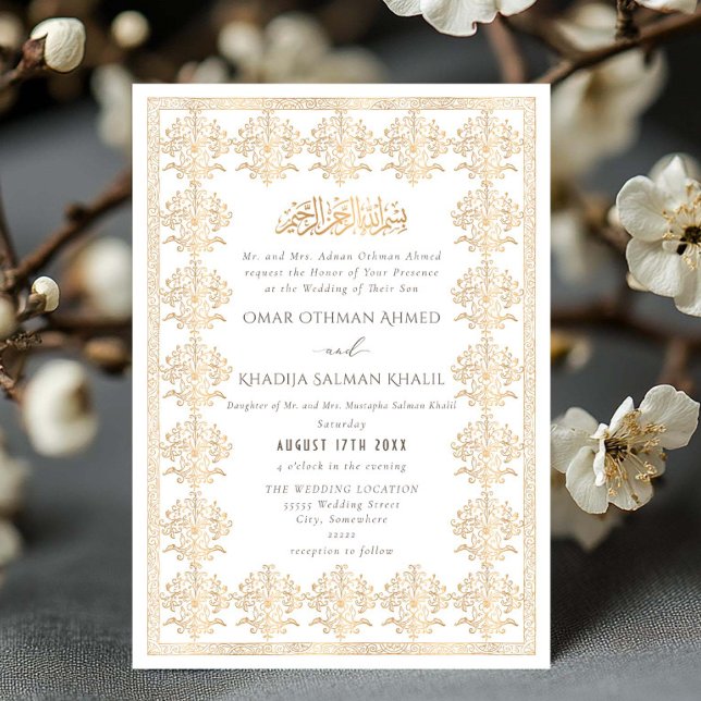 Convite Casamento Islâmico Ouro Romântico Antigo Ornamenta (Criador carregado)