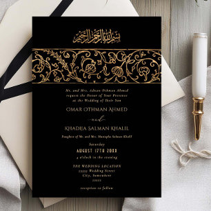 Convite Casamento Islâmico Preto Dourado Floral de Luxo