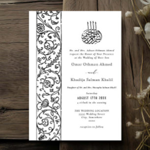 Convite Casamento Islâmico Preto e Branco Floral Ornate Ch