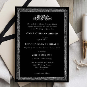 Convite Casamento Islâmico Preto e Branco Ornamentado Vint