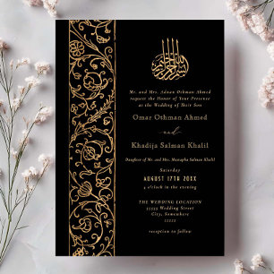 Convite Casamento Islâmico Preto e Dourado Floral Ornate C