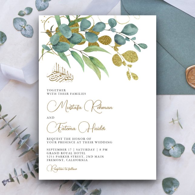 Convite Casamento Islâmico Rustic Eucalyptus Dourado Branc (Criador carregado)