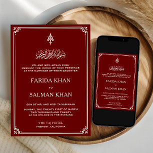 Convite Casamento Islâmico Tradicional Vermelho e Borda Cr