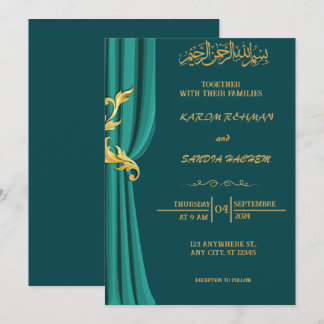 Convite Casamento Islâmico Verde Emerald, Dourado antigo