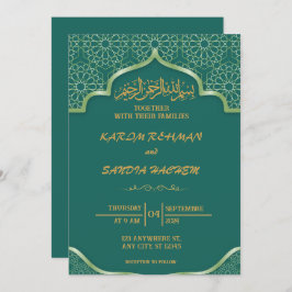 Convite Casamento Islâmico Verde Emerald, Dourado antigo