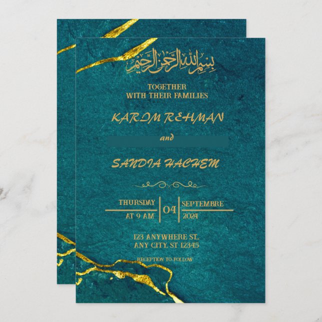 Convite Casamento Islâmico Verde Emerald, Dourado antigo (Frente/Verso)