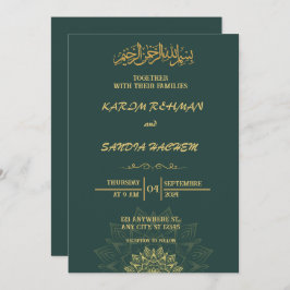 Convite Casamento Islâmico Verde Emerald, Dourado antigo