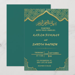 Convite Casamento Islâmico Verde Emerald, Dourado antigo