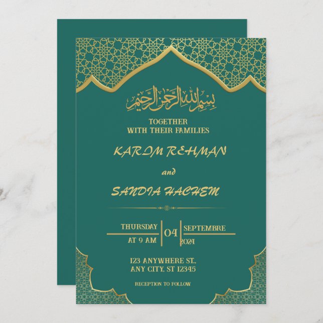 Convite Casamento Islâmico Verde Emerald, Dourado antigo (Frente/Verso)