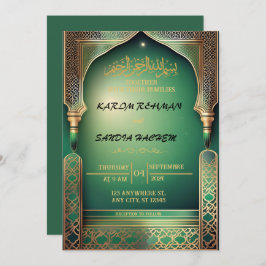 Convite Casamento Islâmico Verde Emerald, Dourado antigo