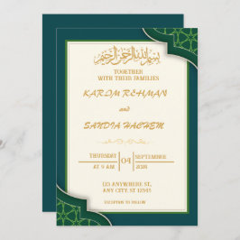 Convite Casamento Islâmico Verde Emerald, Dourado antigo