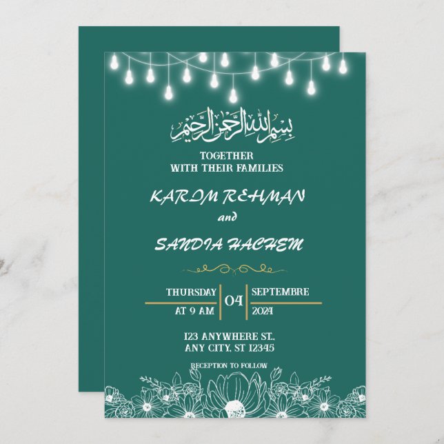 Convite Casamento Islâmico Verde Emerald, Dourado antigo (Frente/Verso)