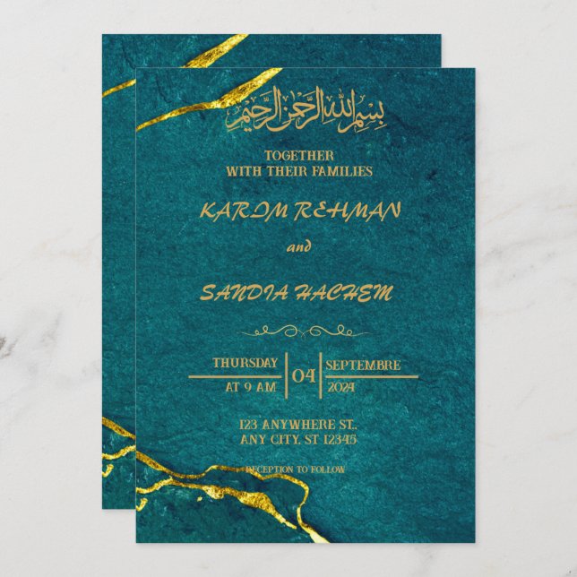 Convite Casamento Islâmico Verde Emerald, Dourado antigo (Frente/Verso)