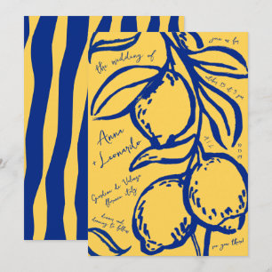 Convite Casamento Italiano Azul Desenhado à Mão Retro