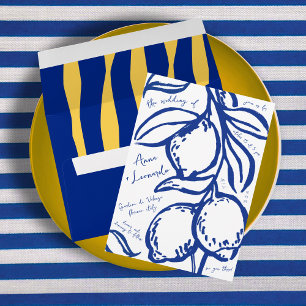 Convite Casamento Italiano Azul Desenhado à Mão Retro