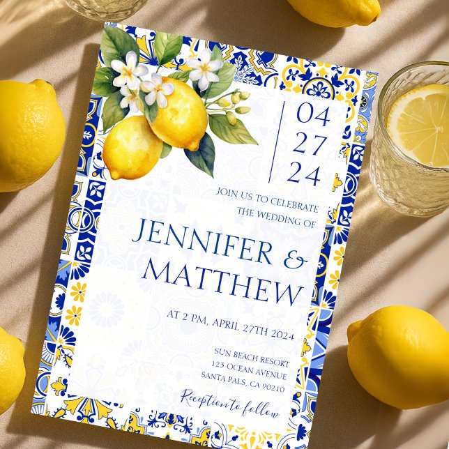 Convite Casamento Italiano com Azulejos Azuis de Limão do  (Mediterranean Lemon Blue Tiles Italian Wedding Invitation)
