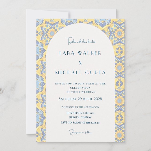 Convite Casamento Italiano com Azulejos Tripes Amarelos e  (Frente)