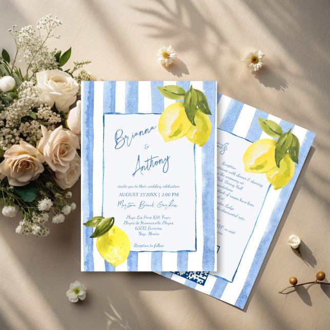 Convite Casamento italiano das listras azuis de Handrawn (Handrawn blue stripes lemons Italian wedding Invitation cards with RSVP template instant download)