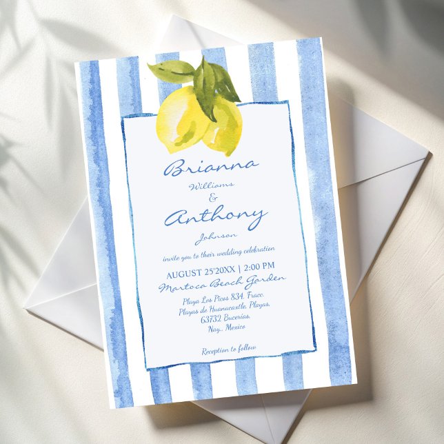 Convite Casamento italiano das listras azuis de Handrawn (Handrawn blue stripes lemons Italian style wedding Invitation cards template instant download)
