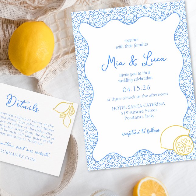 Convite Casamento italiano de Azulejo azul-limão-mediterrâ (Luxe Italian wedding invitation featuring a lemon detail, perfect for a Mediterranean celebration.)
