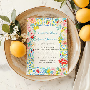 Convite Casamento italiano de azulejos azuis da Costa Amal