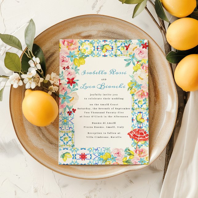 Convite Casamento italiano de azulejos azuis da Costa Amal (Criador carregado)
