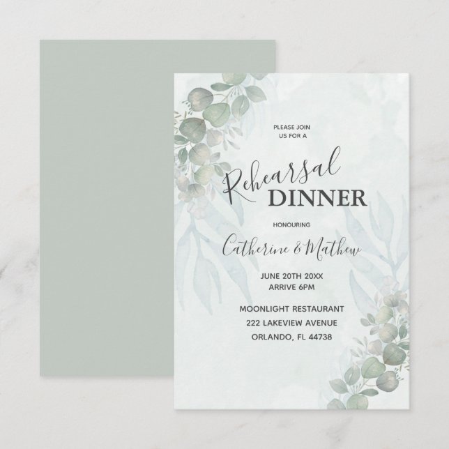 Convite Casamento Jantar de Ensaios Verde Eucalipto Rústic (Frente/Verso)