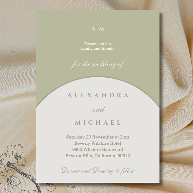 Convite Casamento Japandi Minimalista do Monograma Verde S (Criador carregado)