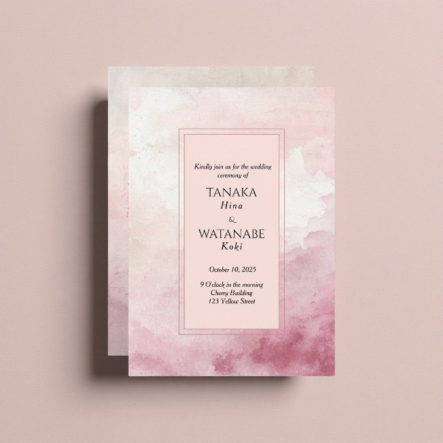 Convite Casamento Japonês com Lavagem de Aquarela Rosa Rub (Criador carregado)