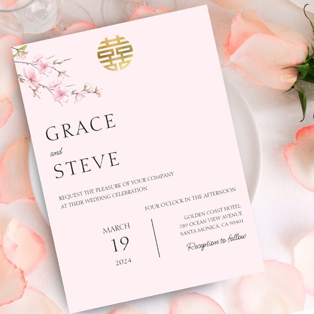 Convite Casamento Japonês de Felicidade Dupla Blush (Blush Double Happiness Korean Japanese Wedding Invitation)