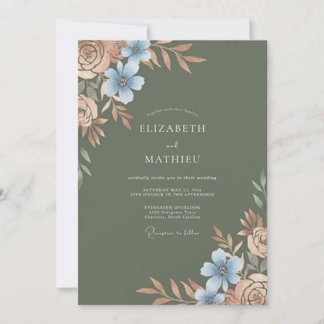 Convite Casamento Jardim Oliva Flor de Açúcar Azure (Frente)