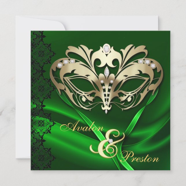 Convite Casamento Jeweled do mascarada verde Dourado (Frente)