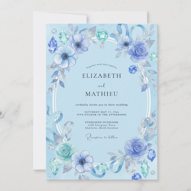Convite Casamento Joia Aquarela Azul (Frente)