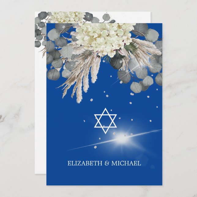 Convite Casamento Judaico Chuppah Elegante Blue Floral (Frente/Verso)