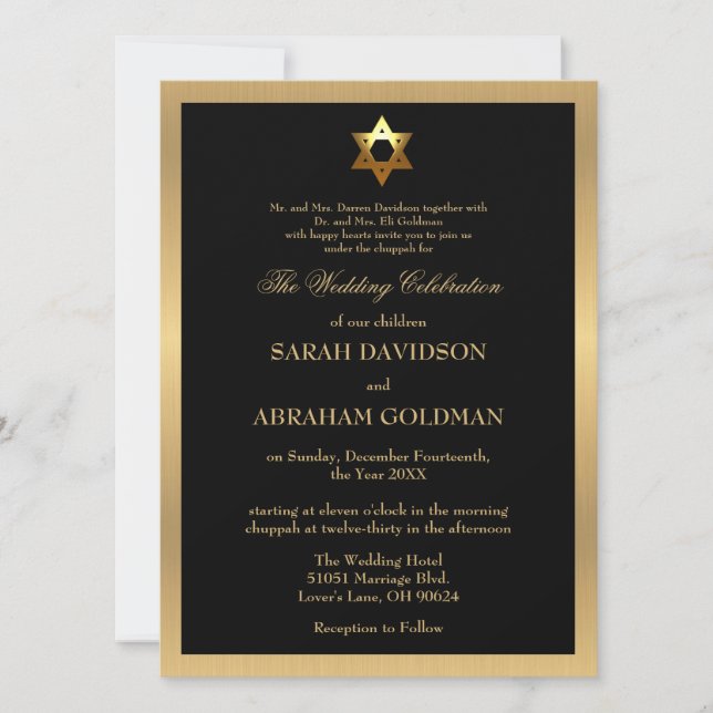 Convite Casamento Judaico Formal Tradicional Preto e Doura (Frente)