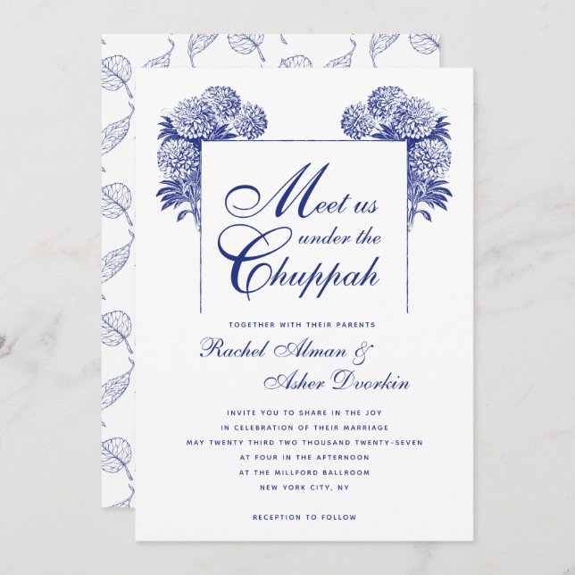 Convite Casamento Judeu Floral de Chuppah Azul Elegante (Frente/Verso)