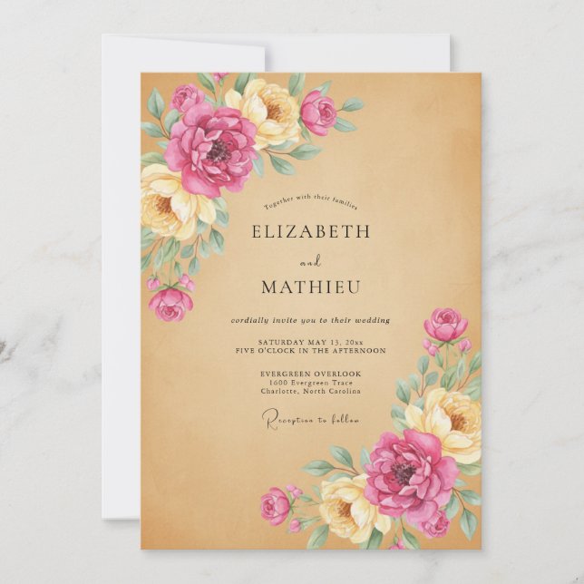 Convite Casamento Kraft Peônia Rosa (Frente)