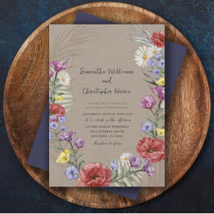 Convite Casamento Kraft & Roxo Boho Flor Selvagem