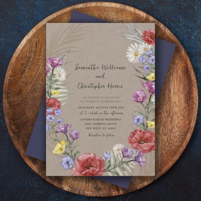 Convite Casamento Kraft & Roxo Boho Flor Selvagem  (Criador carregado)