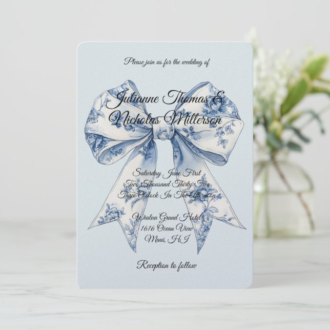 Convite Casamento Laço Branco Azul Chic Luz (Em pé/Frente)