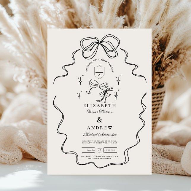 Convite Casamento Laço Caprichoso Doodle Champanhe (Criador carregado)