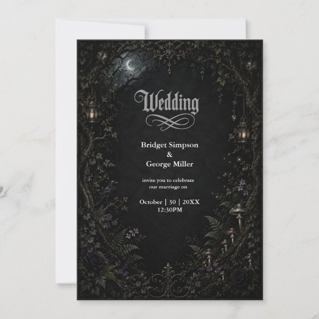 Convite Casamento Lanterna Lua Floresta Gótica (Frente)