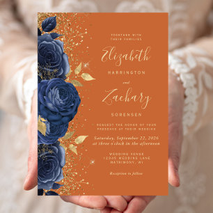 Convite Casamento Laranja Azul Dourado Burnt Floral Marinh