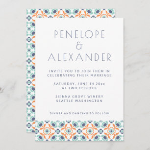 Convite Casamento Laranja Azul Geométrico Moderno